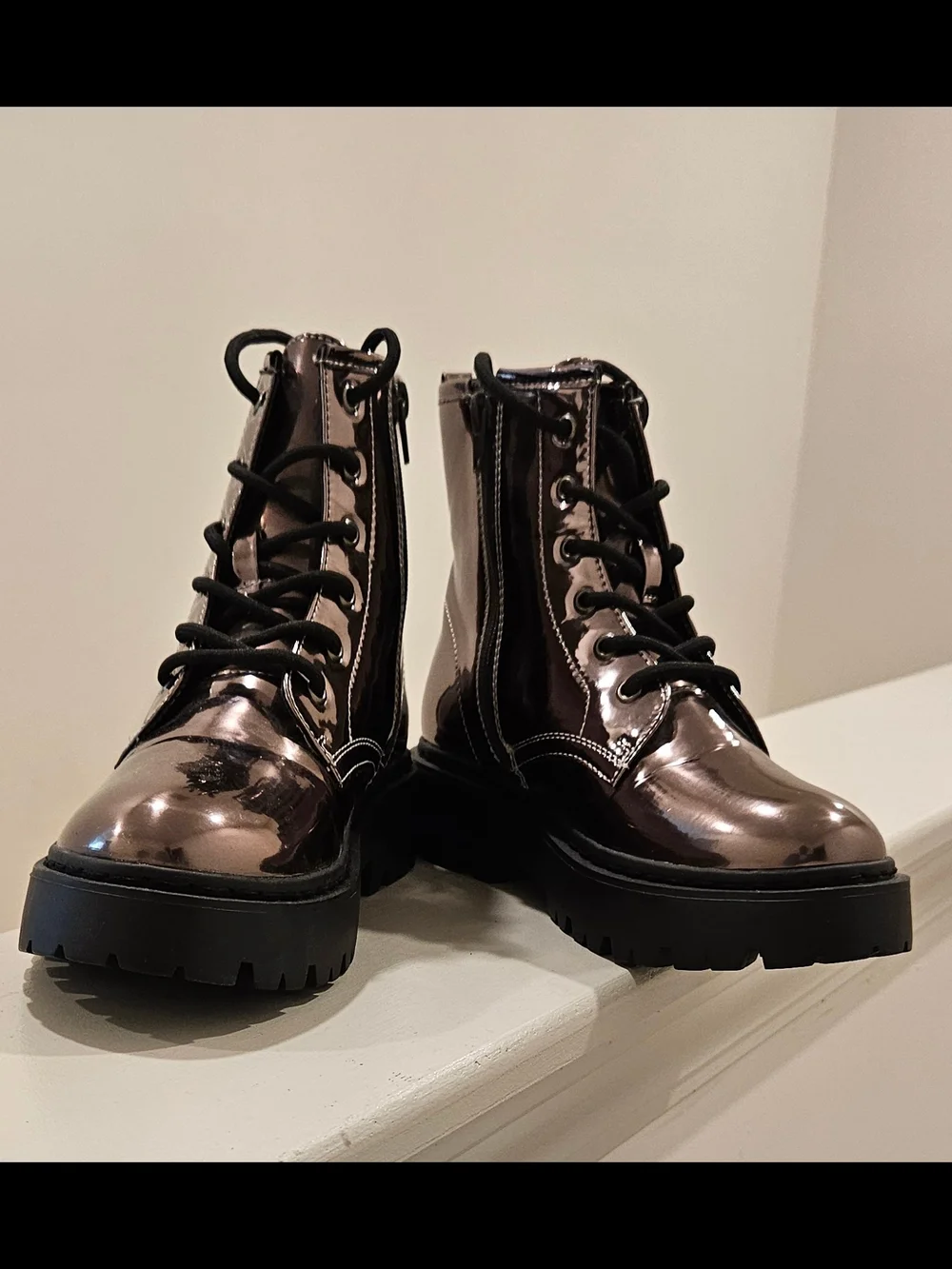 Steve Madden Metallic Bronze Lace-Up Combat Boots with Side Zip